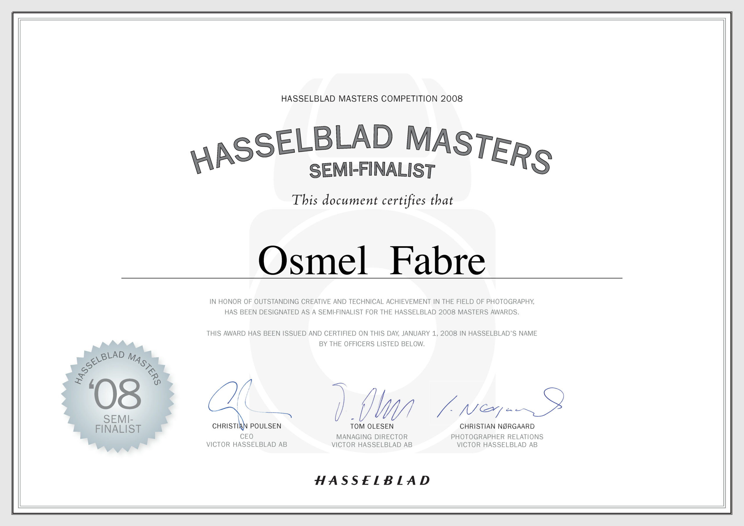 certificate_semifinalists Hasselblad Masters 2008 - Osmel Fabre Photographer